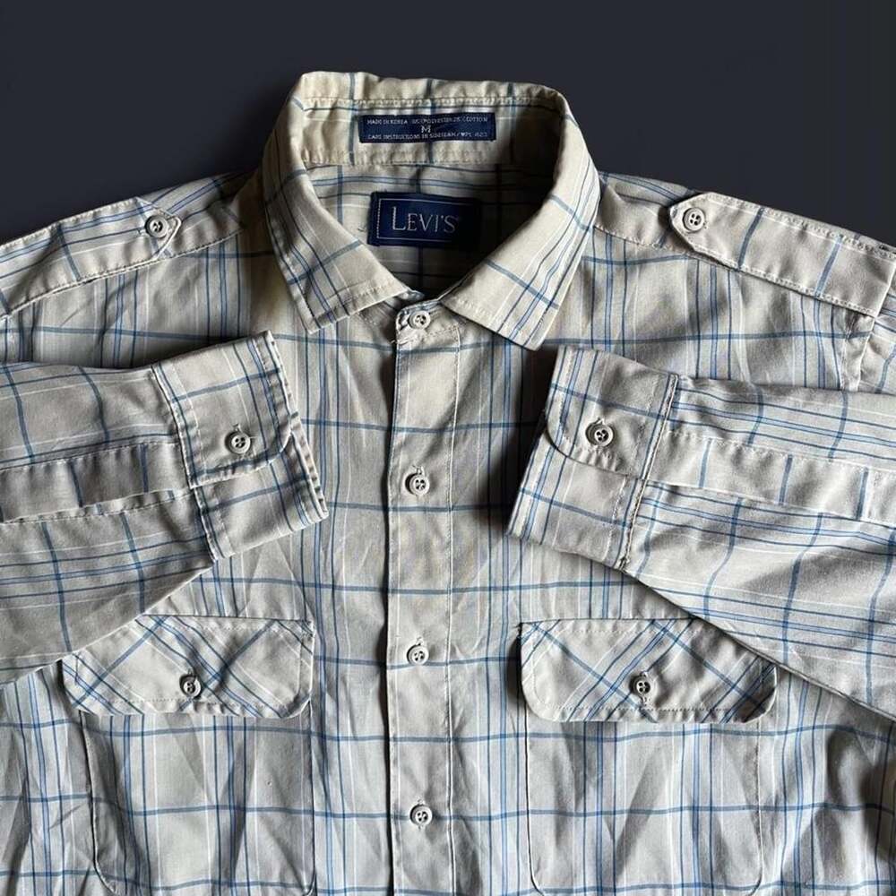 Vintage Levis Flannel Mens Medium Lightweight Tan Button Up Striped